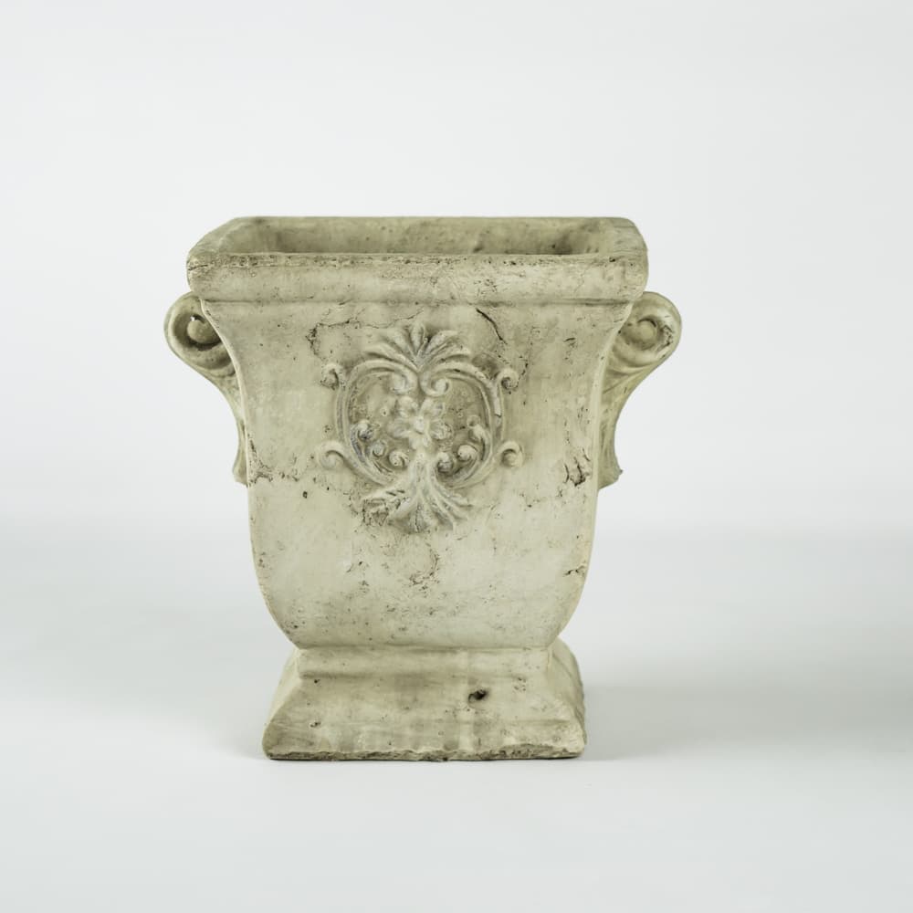 7.8" Tall Square Clay Planter with Flower Insignia DISC