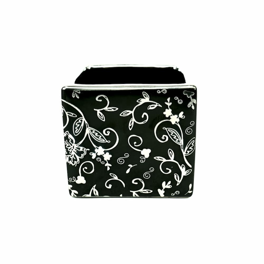 4" Black Ceramic Square Vase With Silver Overlay