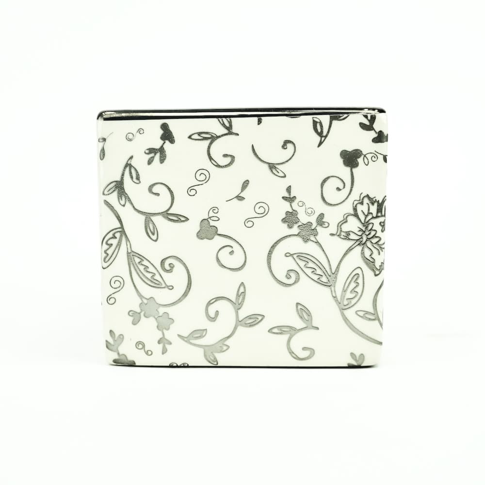 4.5" Cream Ceramic Square Vase With Silver Overlay