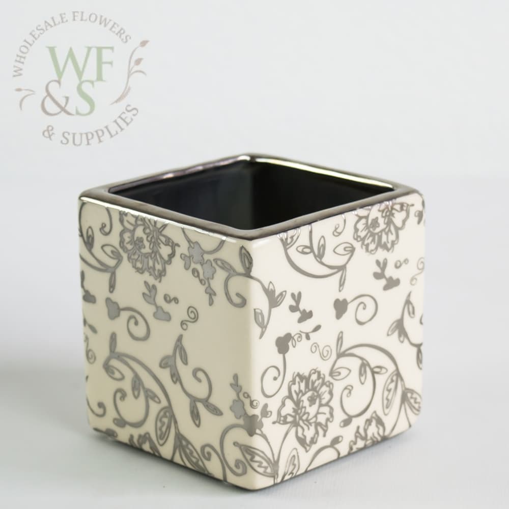 4" Cream Cube Ceramic Vase With Silver Color Overlay