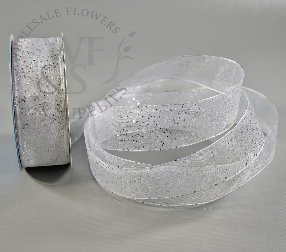 1.5" Wired Silver Glitter White Sheer