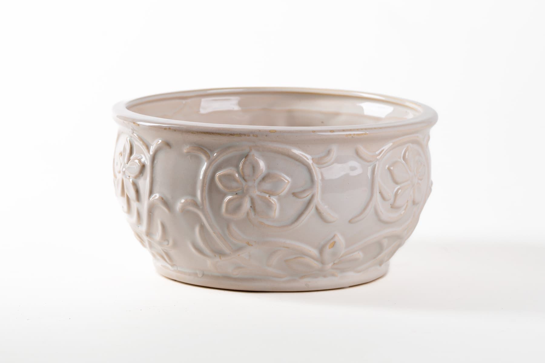 9" Ivory Floral Embossed Ceramic Bowl