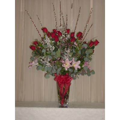 2 Dozen Roses, Lilies in Tapered Glass Square