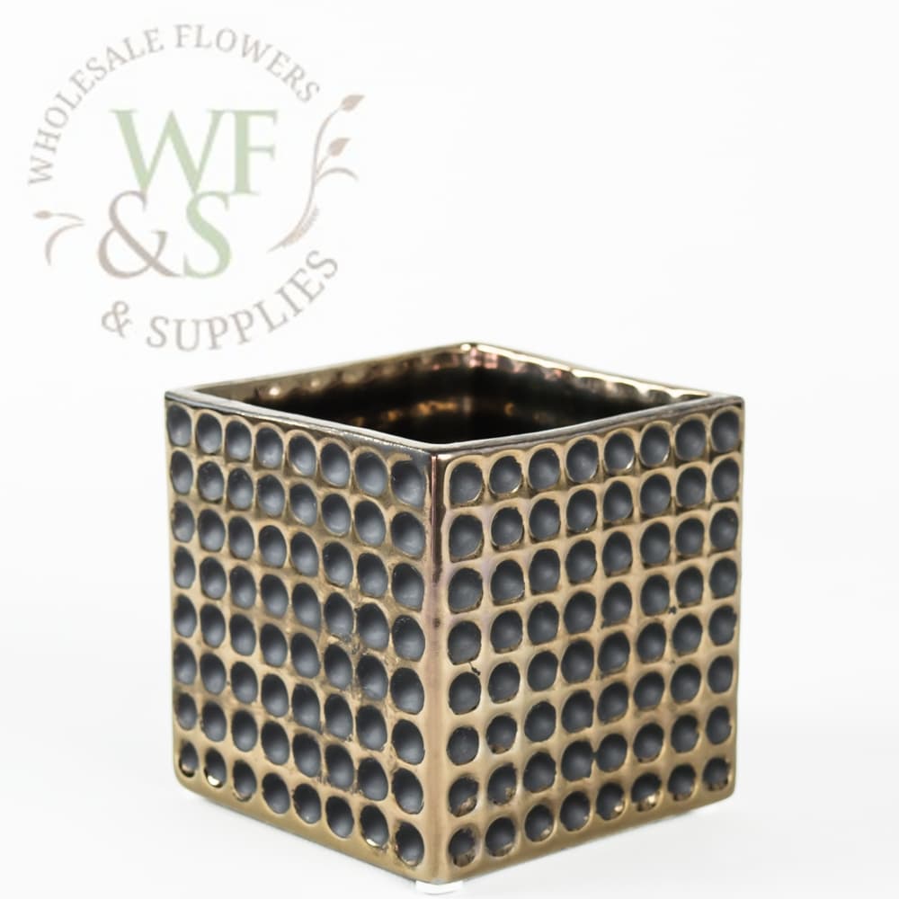 Old Gold and Black Square Ceramic Cube Vase Dimple Effect 5" x 5"