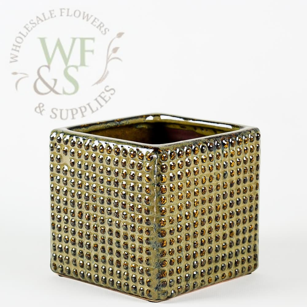 Imprinted Rusty Green Cube Vase 4.5"