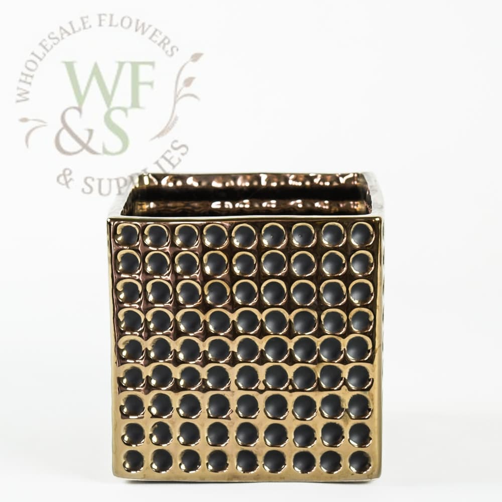 Old Gold and Black Square Ceramic Cube Vase Dimple Effect 4" x 4"