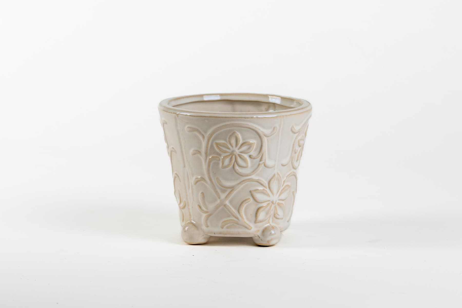 4.5"  Ivory Floral Embossed Cylinder Ceramic Pot