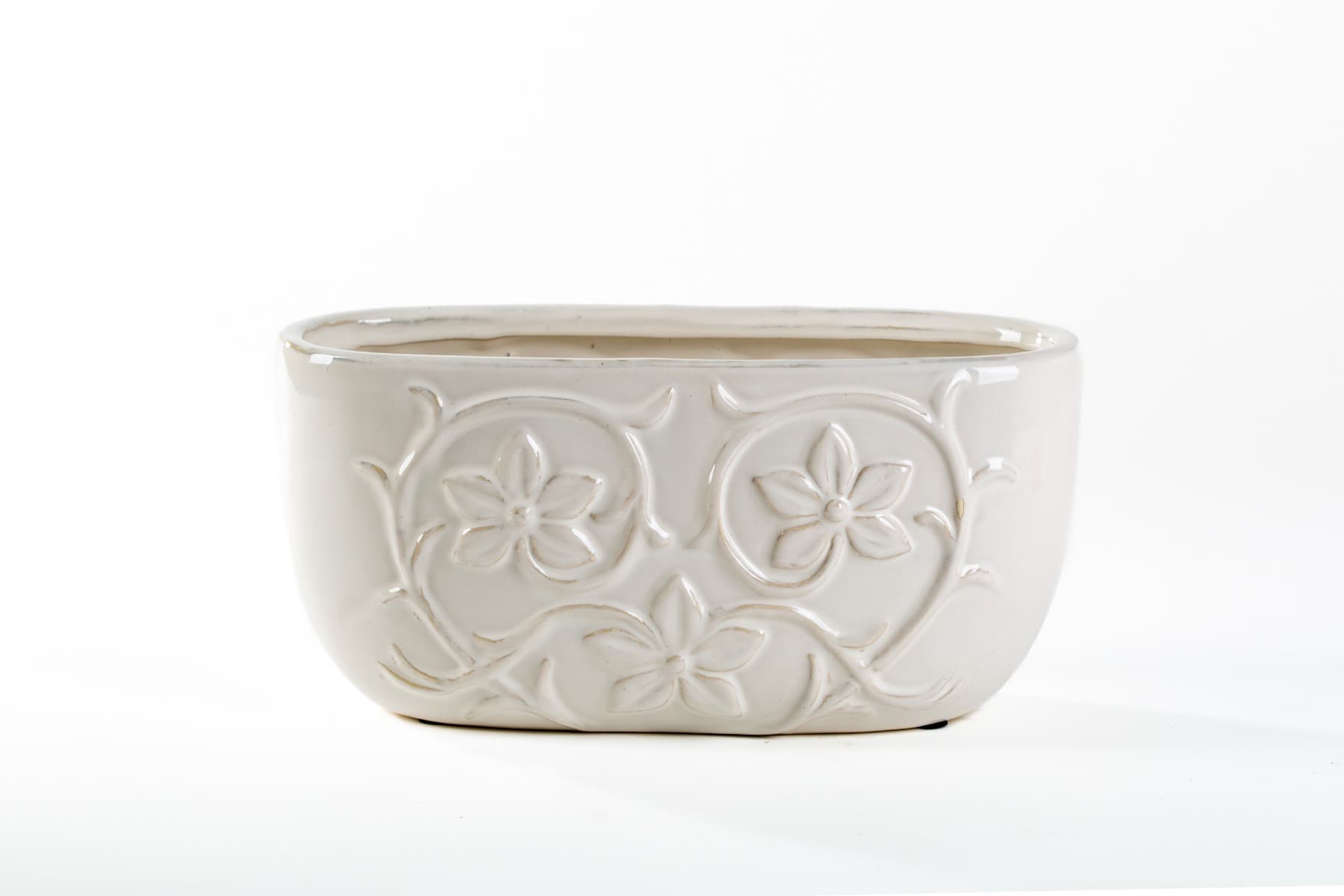 11.5" Ivory Floral Embossed Oval Pot