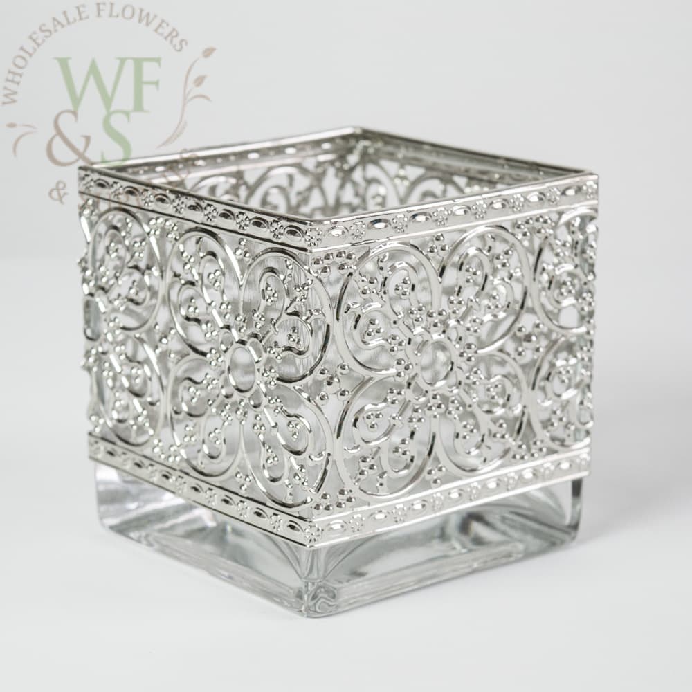 Square Glass Cube Vase with Metallic Silver Band 4-inch x 4-inch