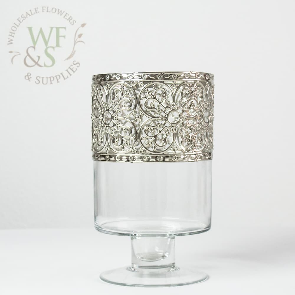 Cylinder Glass Vase with Metallic Silver Band 8.2" Tall