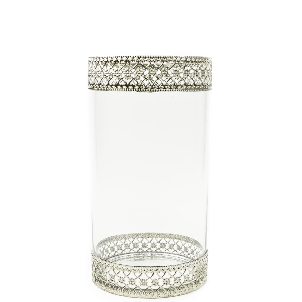 11 inch Glass Cylinder with Chromed deco Accents