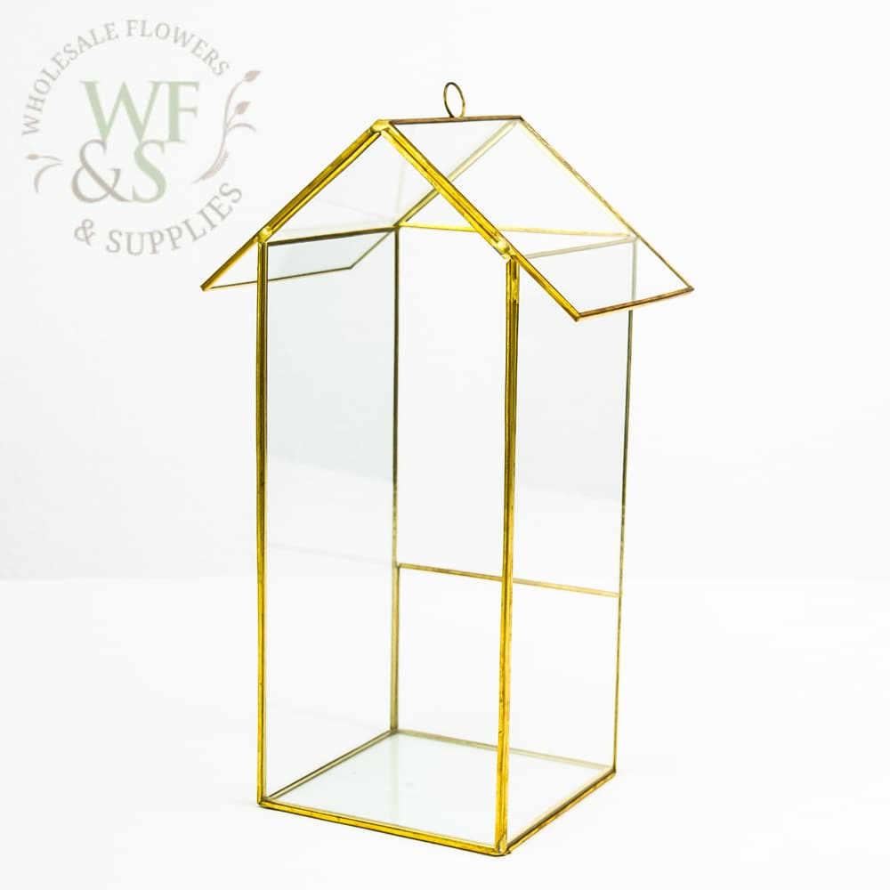 Gold  Metal Framed House Shaped Tall Terrarium Lantern