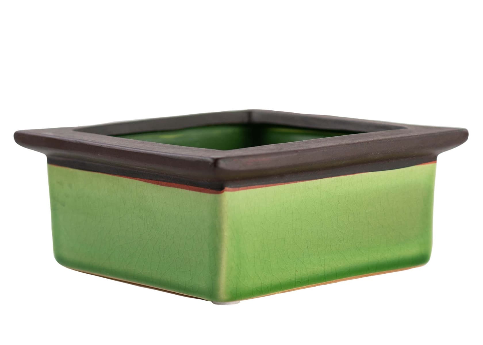 Low Square Ceramic vase with Lip - green/brown