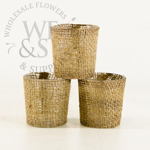 6 Pack Burlap Wrapped Glass Votive Holders