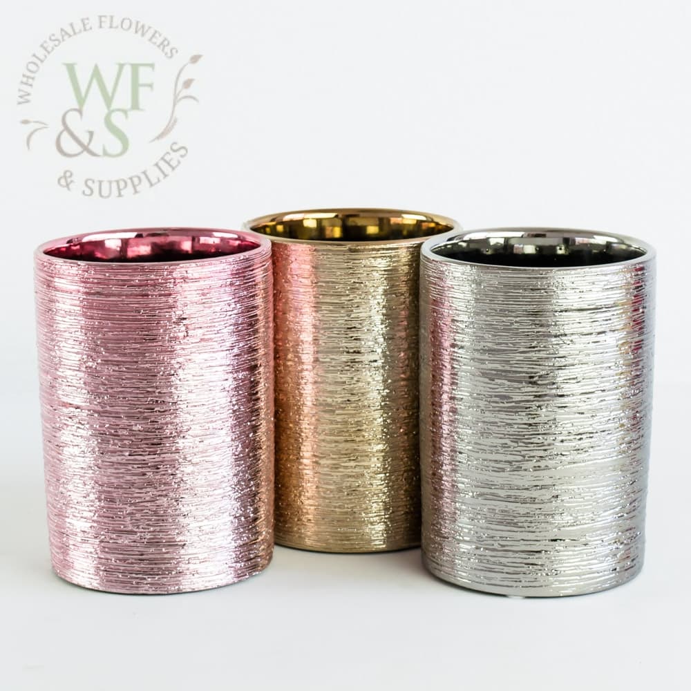 4" x 6" Gold, Silver and Rose Gold Etched Ceramic Cylinder Vases