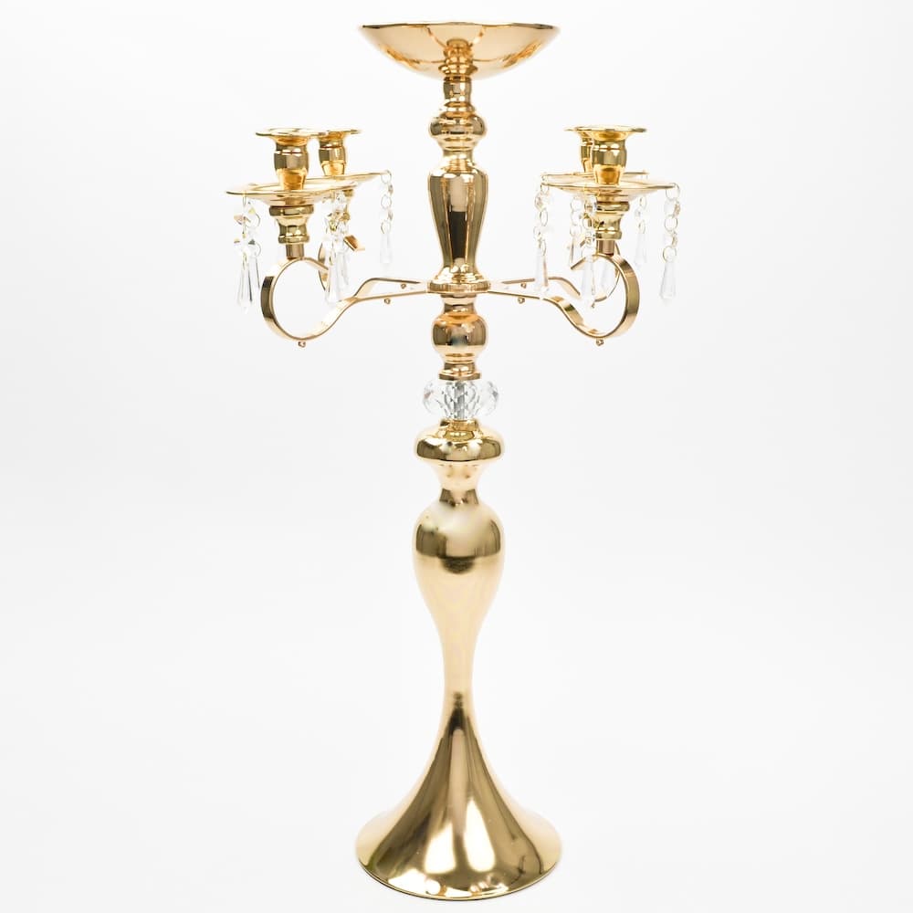25" 5 Arm Gold Crystal Candelabra