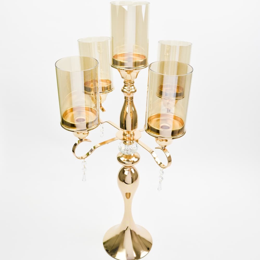 30.5" Gold 5 Arm Candelabra with Hurricane Glass