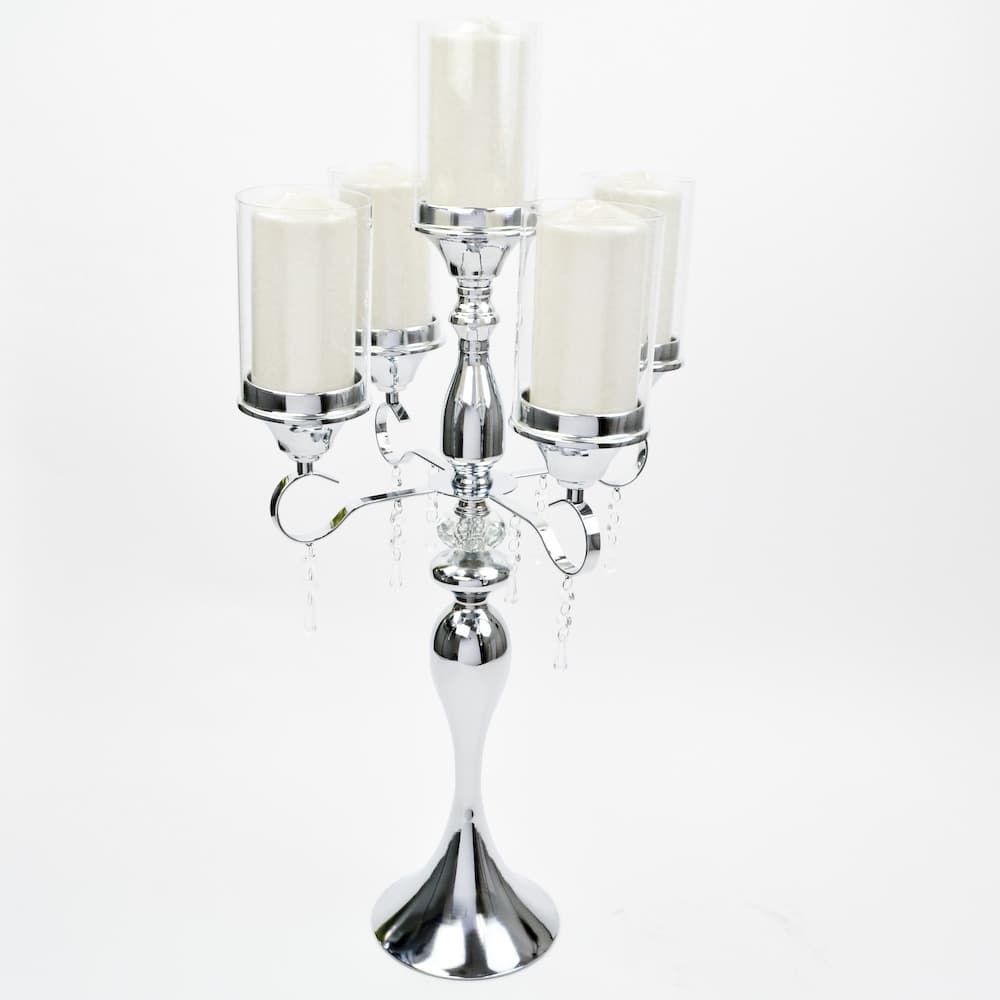 30.5" Silver 5 Arm Candelabra with Hurricane Glass