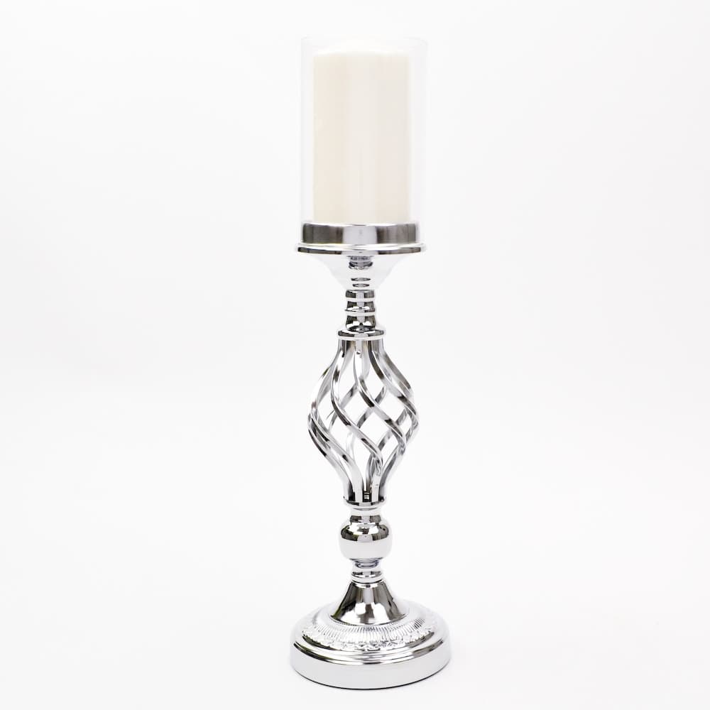 20" Silver Twisted Candelabra with Hurricane Glass