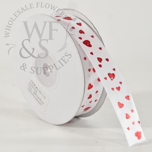 7/8" Red Hearts on White Ribbon 25 Yards