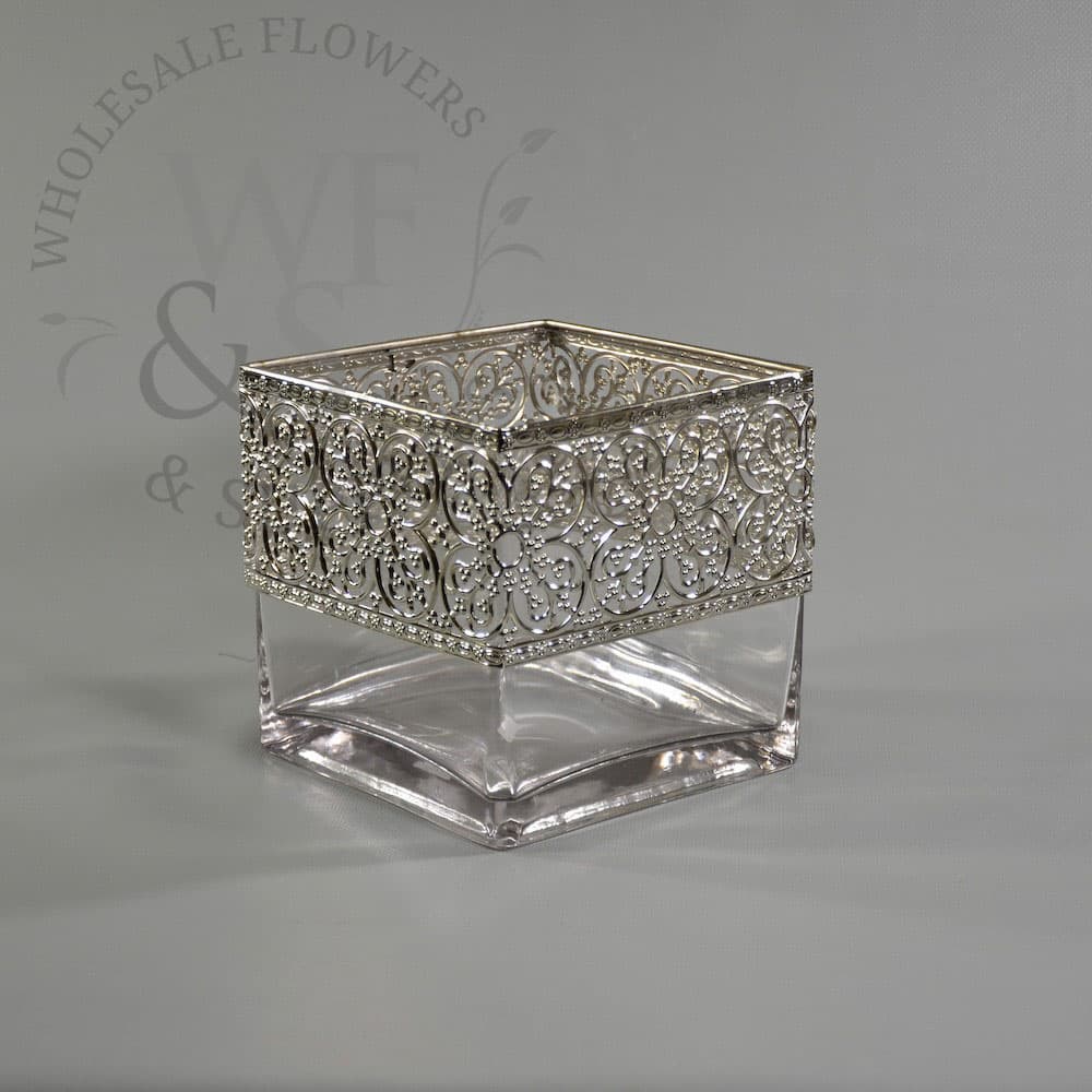 Square Glass Cube Vase with Metallic Silver Band 6x6