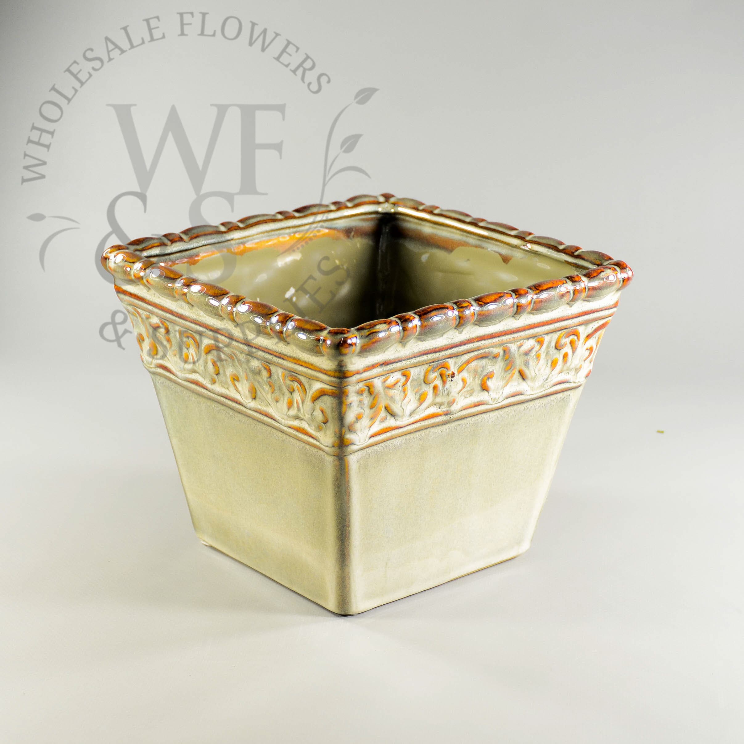 6" Buttercream Square Vine Motif Ceramic Pot