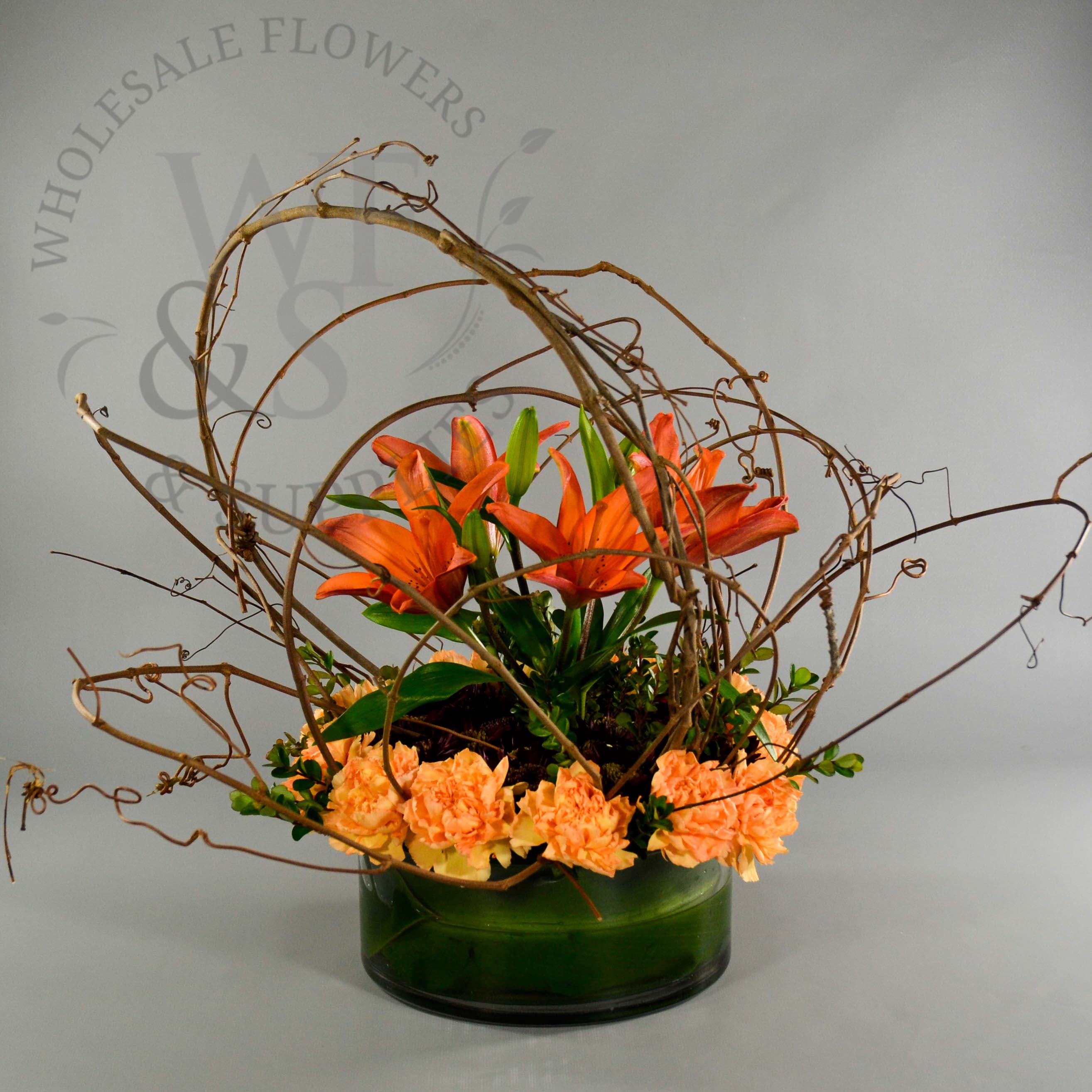 Lillies and Carnations in a Low Cylinder Vase