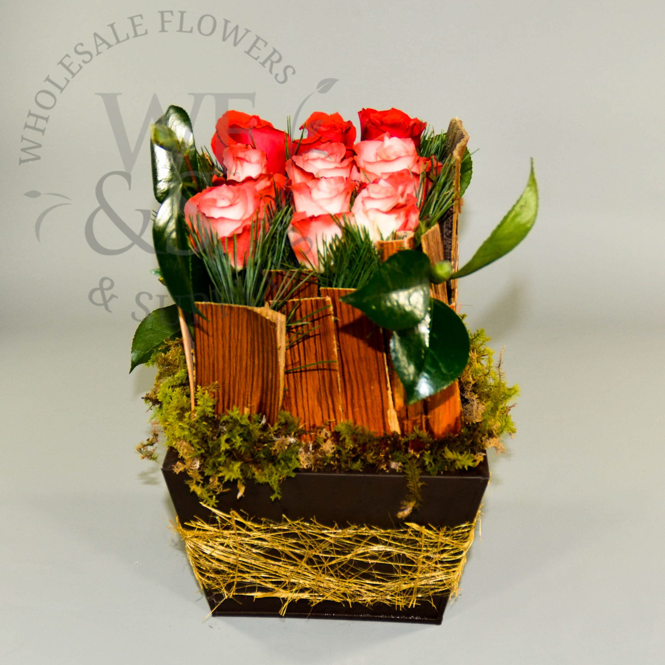 Metal Tapered Vase Roses and Palm leaves