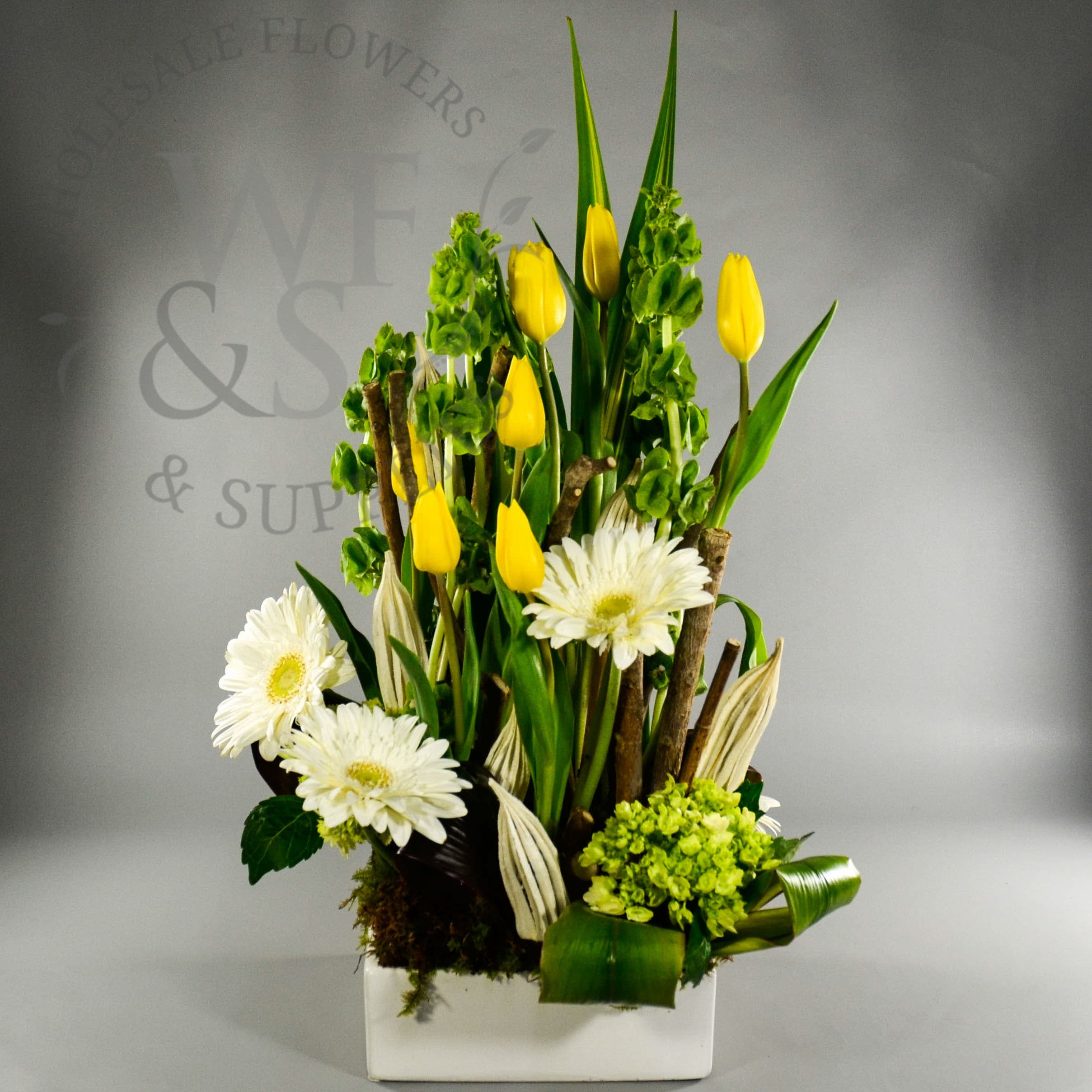 White Ceramic Container with Mini Green Hydrangeas, Daisies, Tulips, and Bells of Ireland