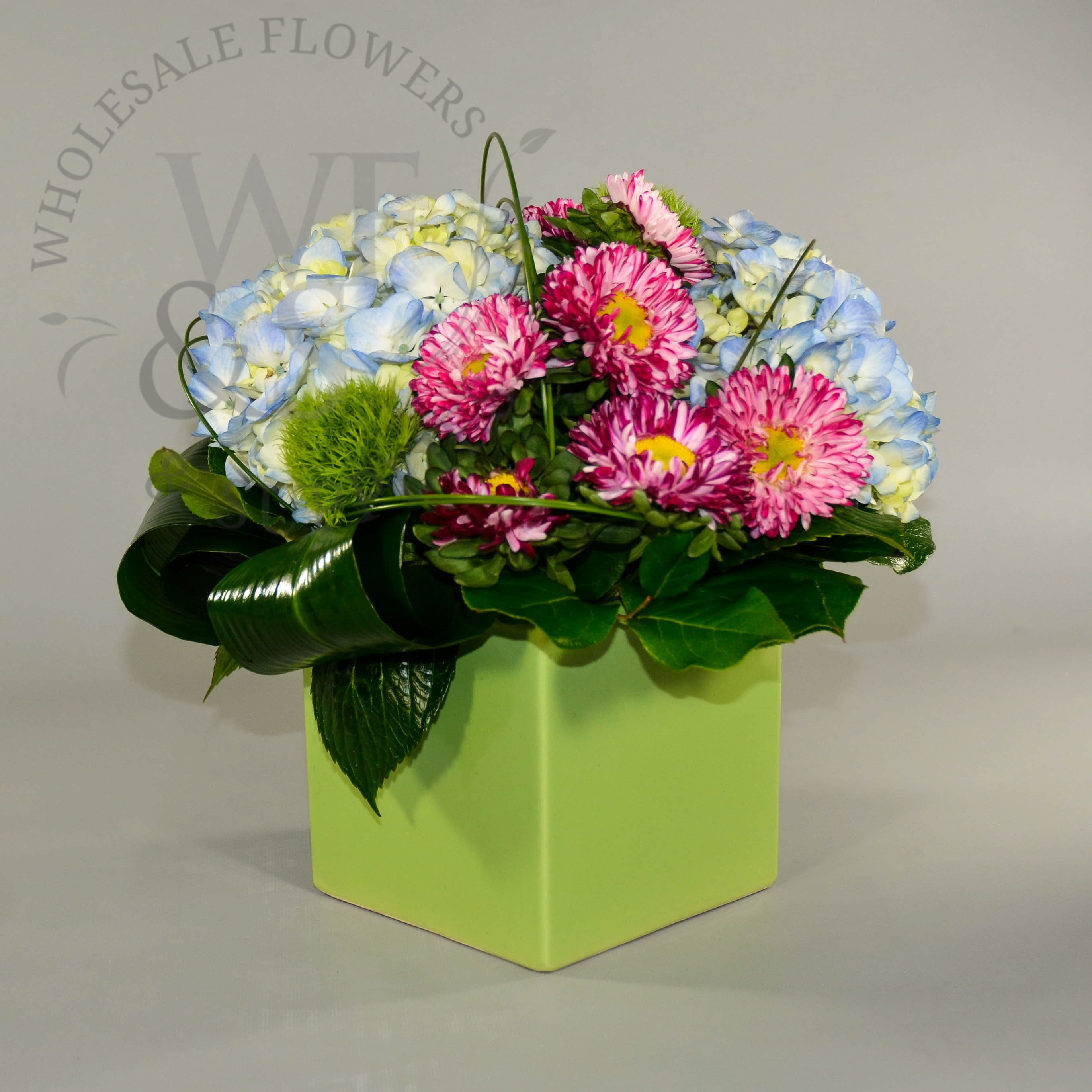 Green Ceramic Cube with Hydrangeas and Asters