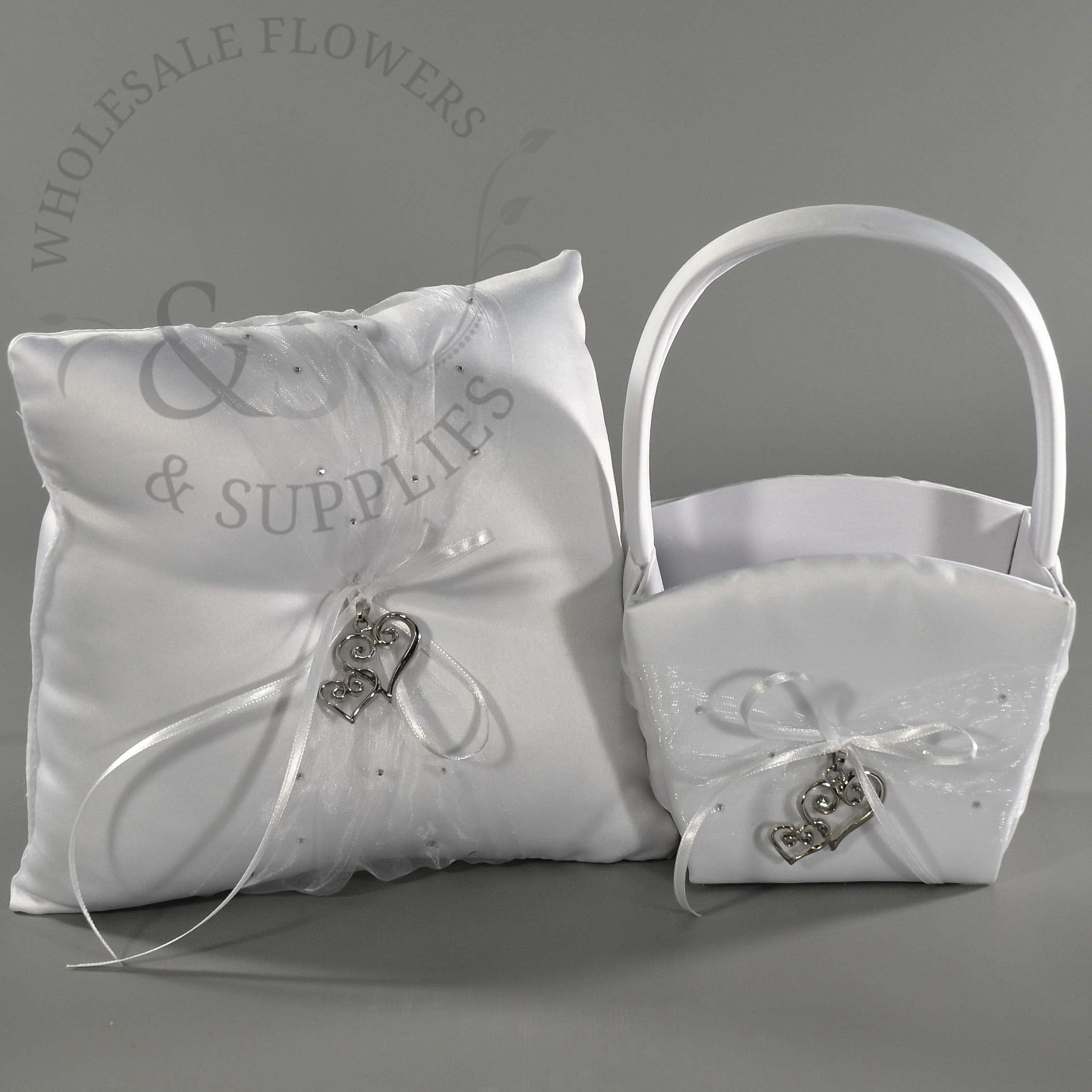 White Satin Flower Basket and Ring Pillow Set
