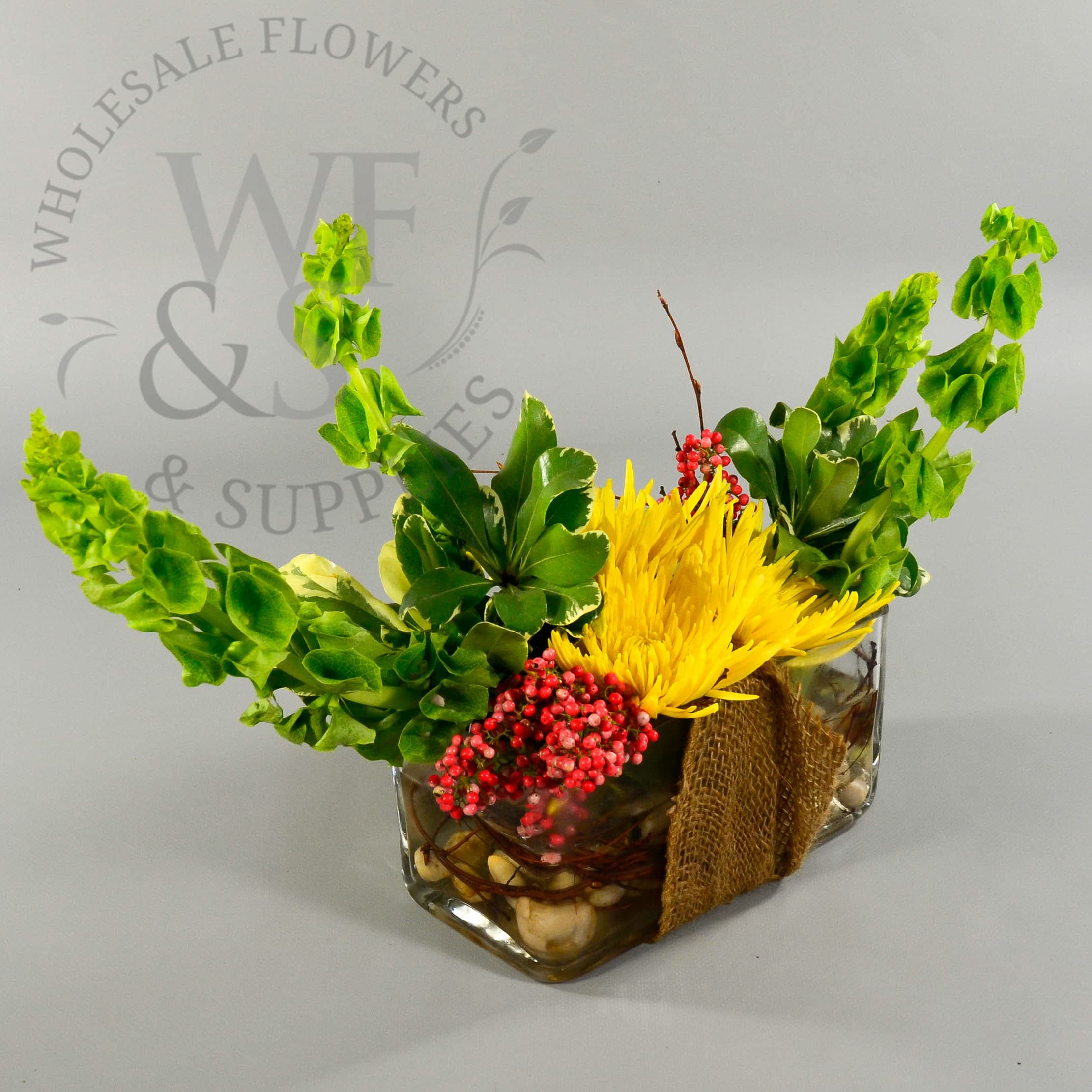 Bells of Ireland, Spider Mums, and Pepper Berries in a Rectangular Glass Vase