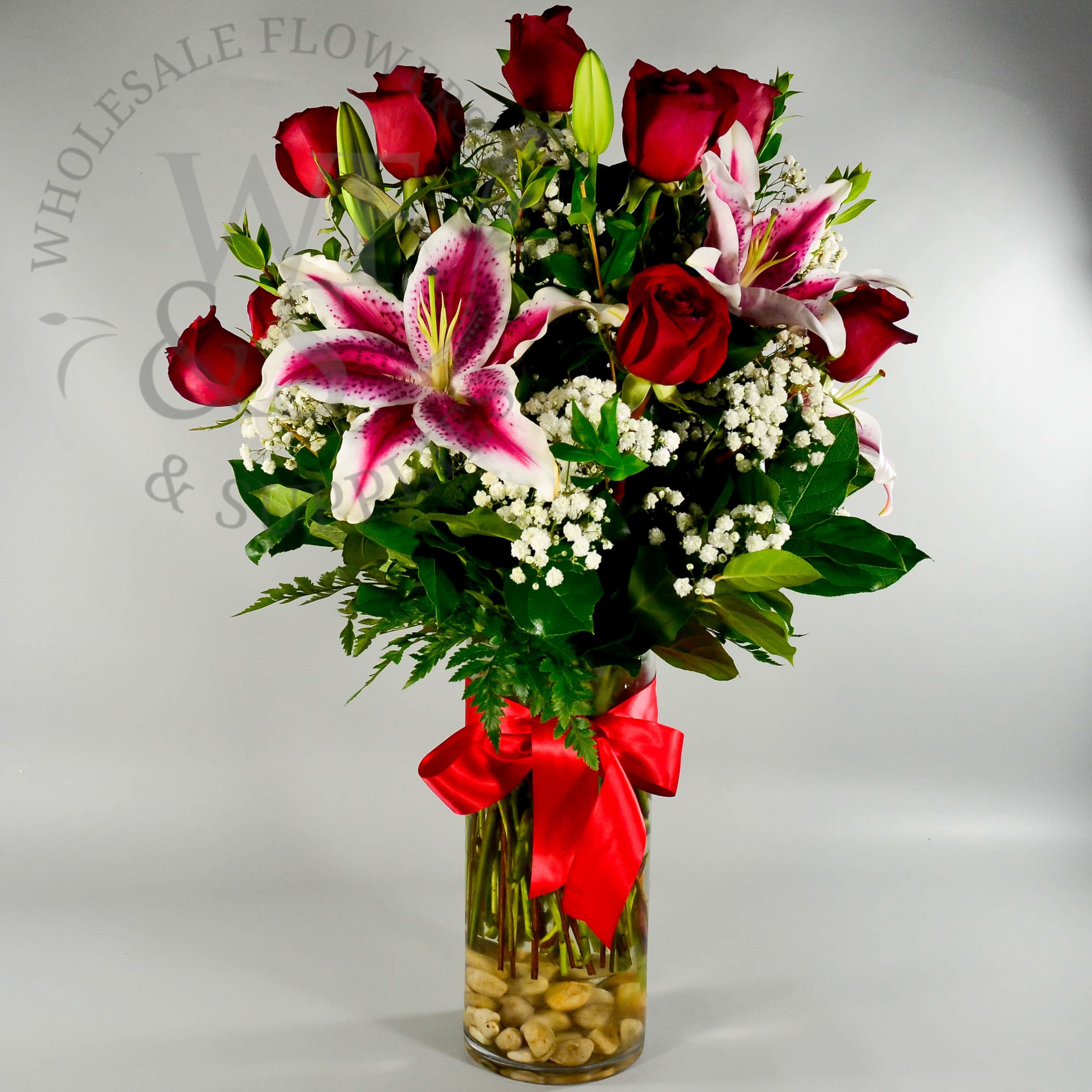 Red Roses, Lilies, and Baby's Breath in a Tall Cylinder Glass Vase