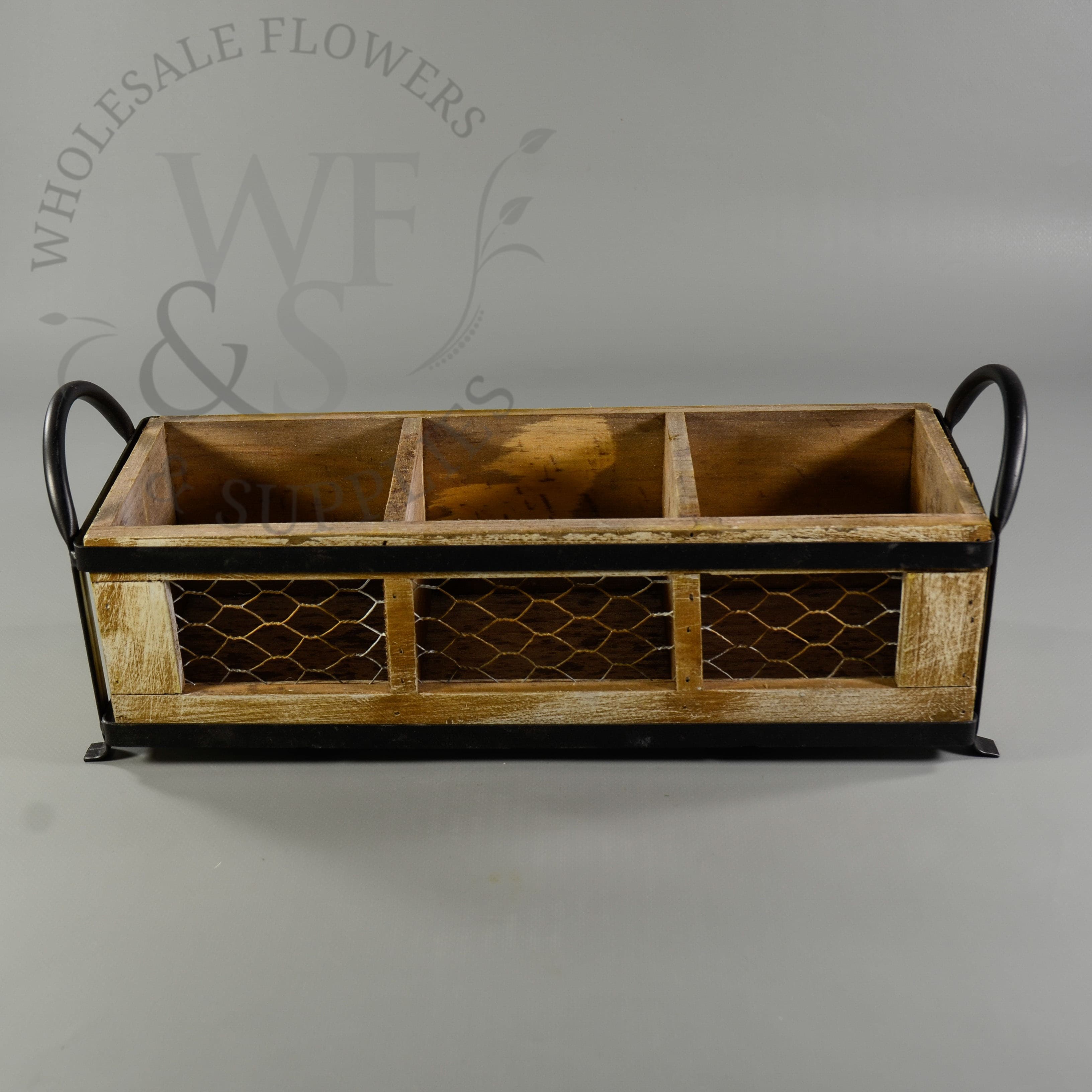 Wooden Box Planter with Metal Frame 3 Holes DISC BY VENDOR