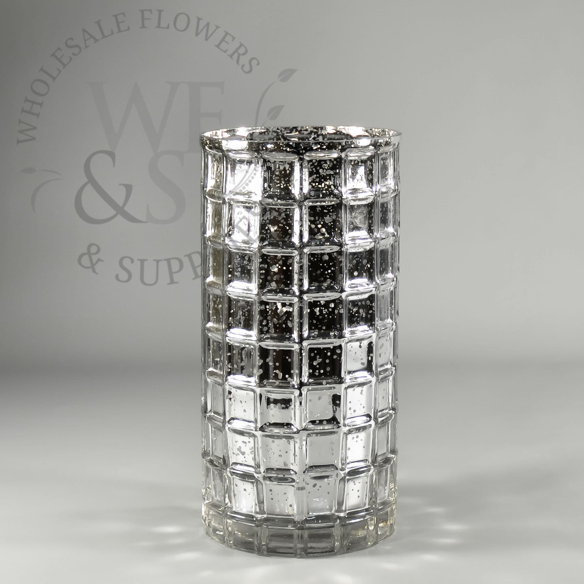 Silver and Mercury Glass Mosaic Cylinder Vase  10x5in