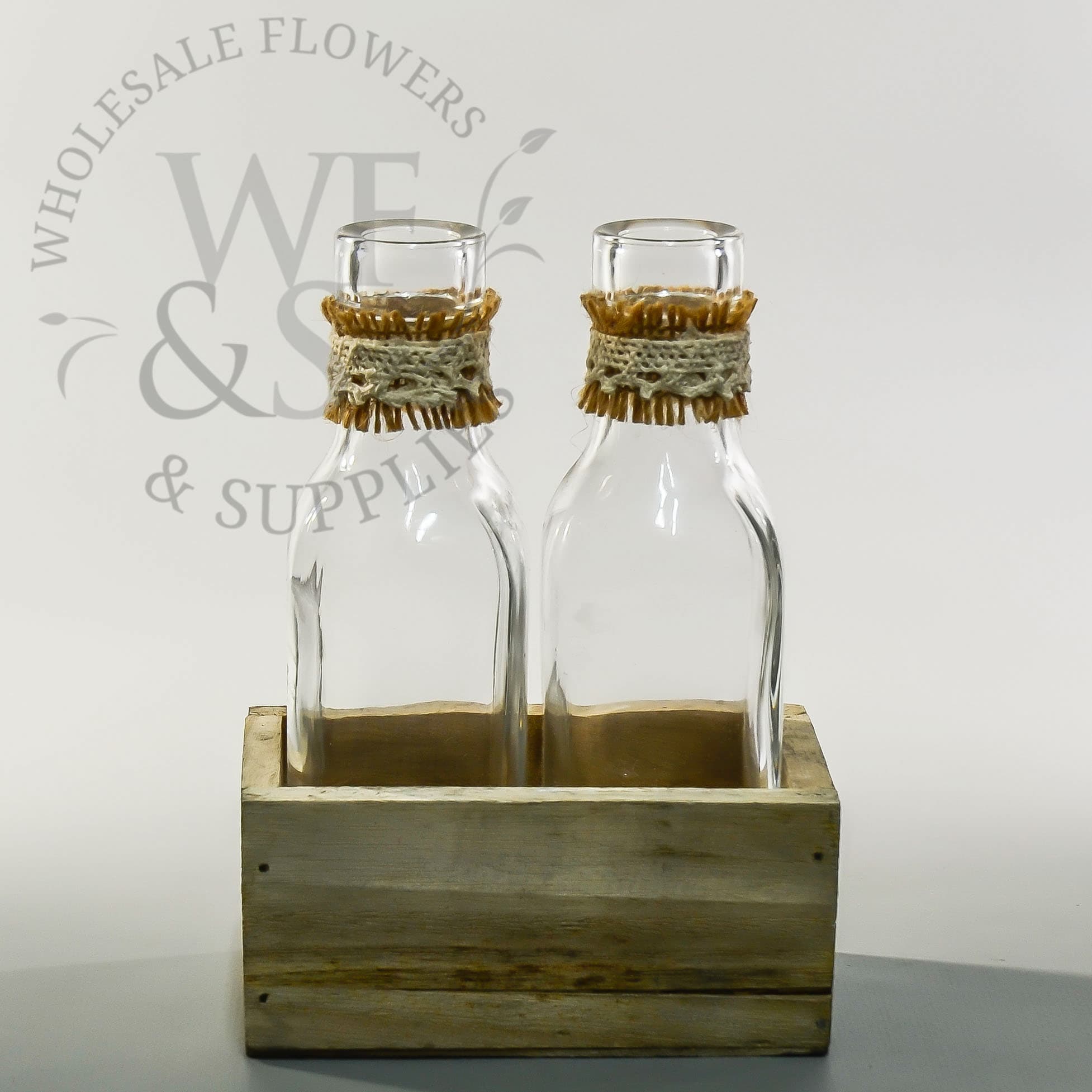 2 Burlap Glass Milk Bottles in a Wood Holder
