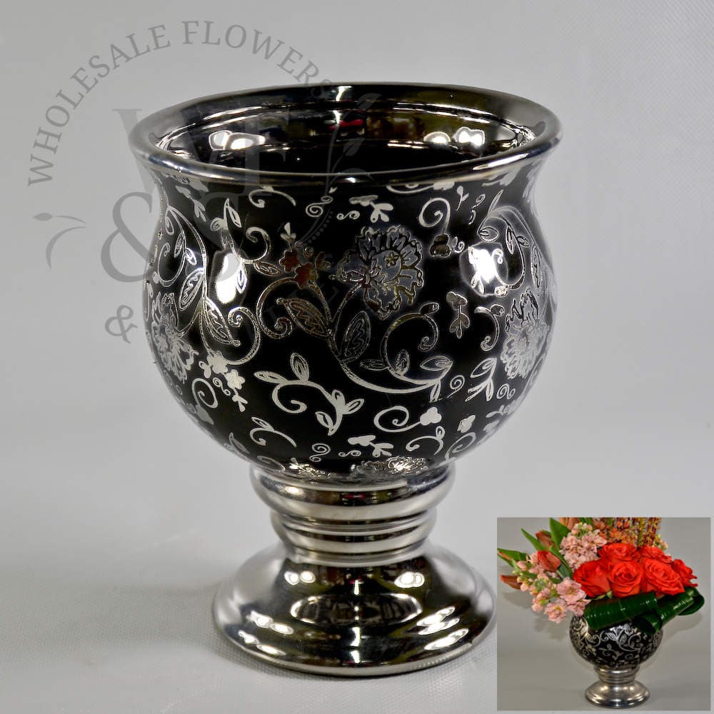 8"  Black Ceramic Vase With Silver Color Overlay Discontinued