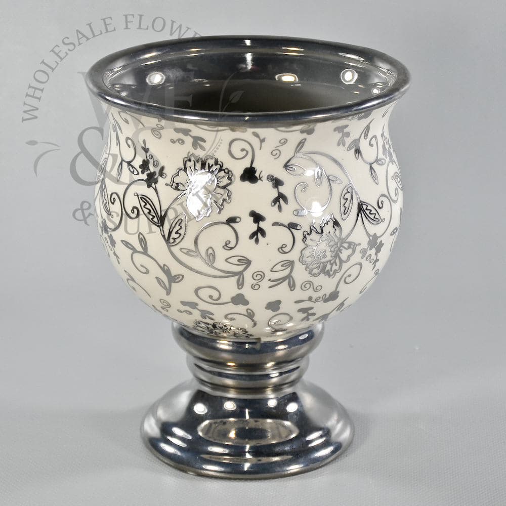 8"  White Ceramic Vase With Silver Color Overlay Discontinued
