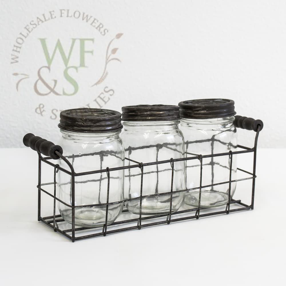3 Glass Jars Metal Carrier Black Brushed Effect