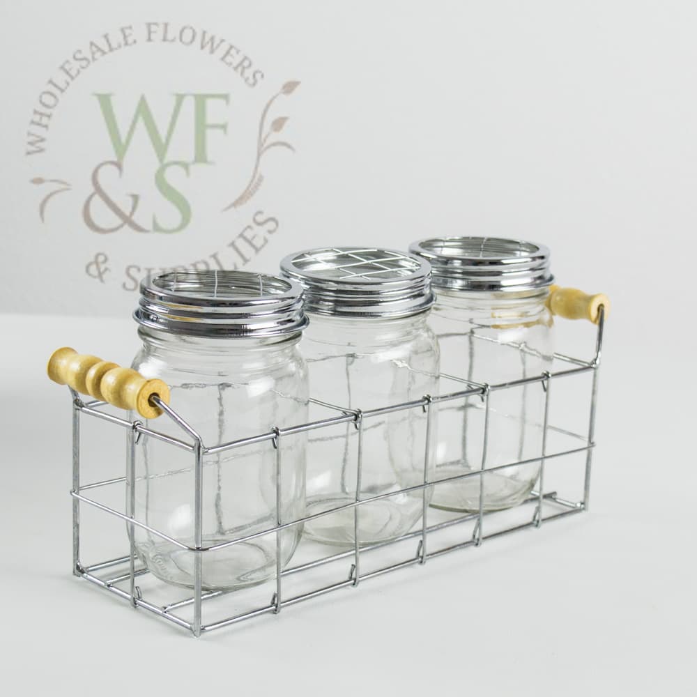 3 Glass Jars Metal Carrier Silver Color