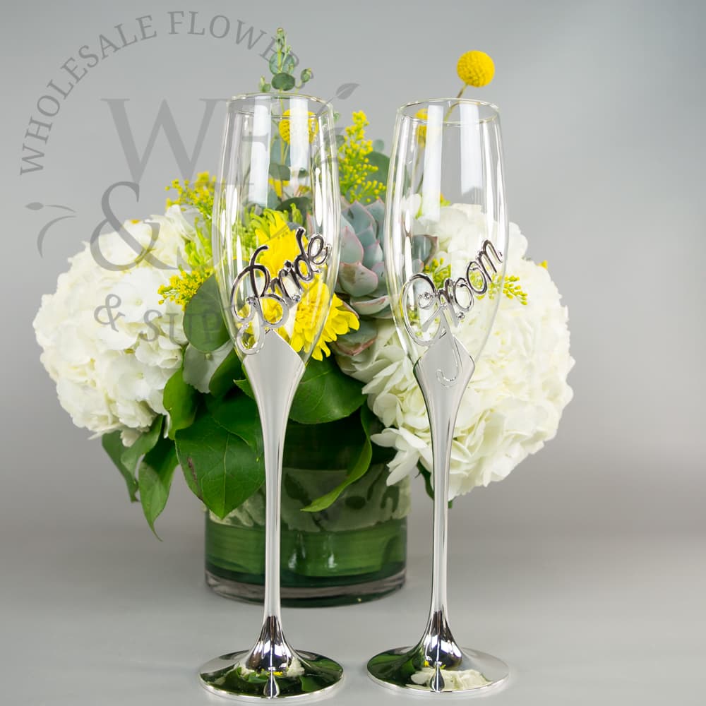 Bride & Groom Toasting Flutes on Silver Stem