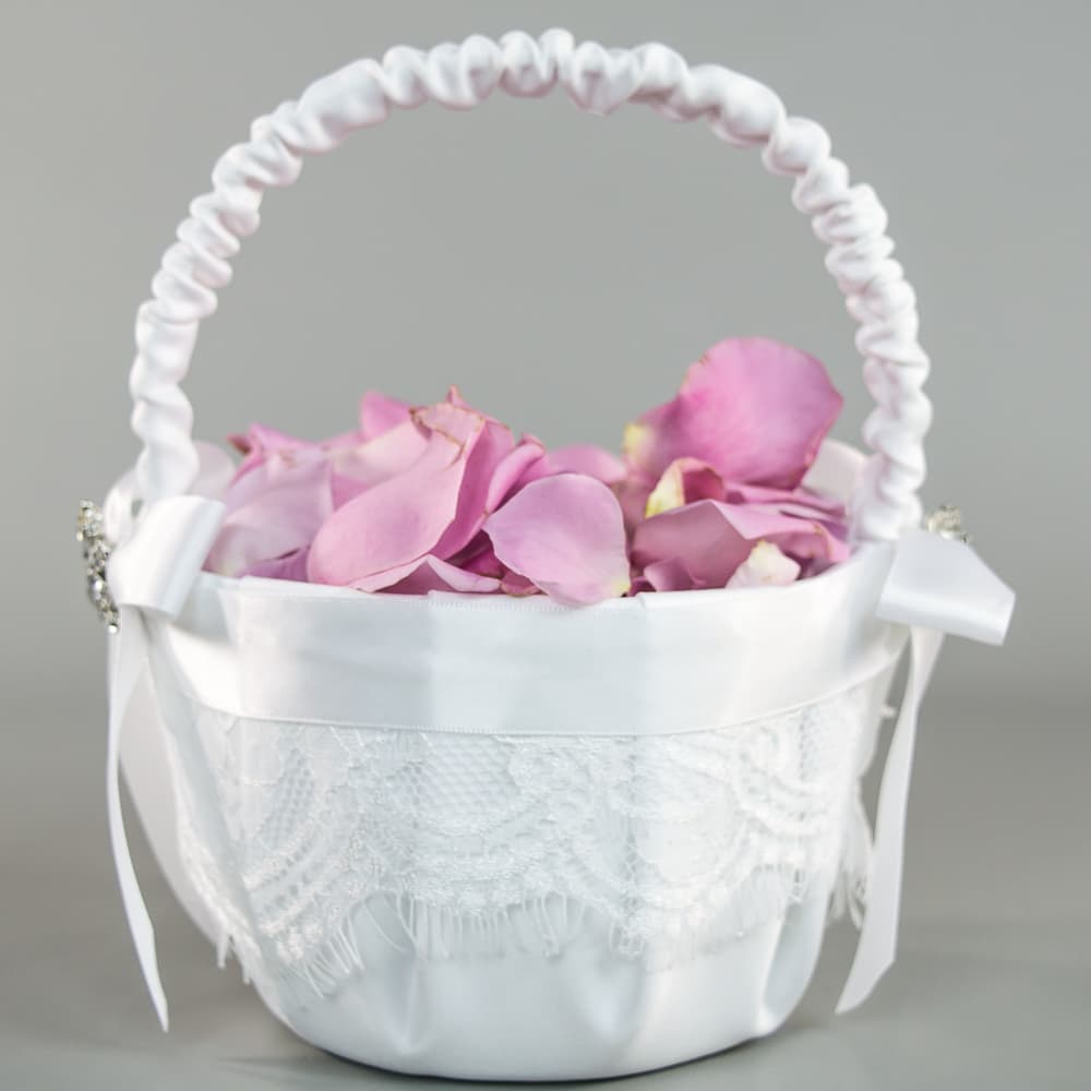 White Wedding Flower Satin Girl Basket with Lace and Crystal Brooches