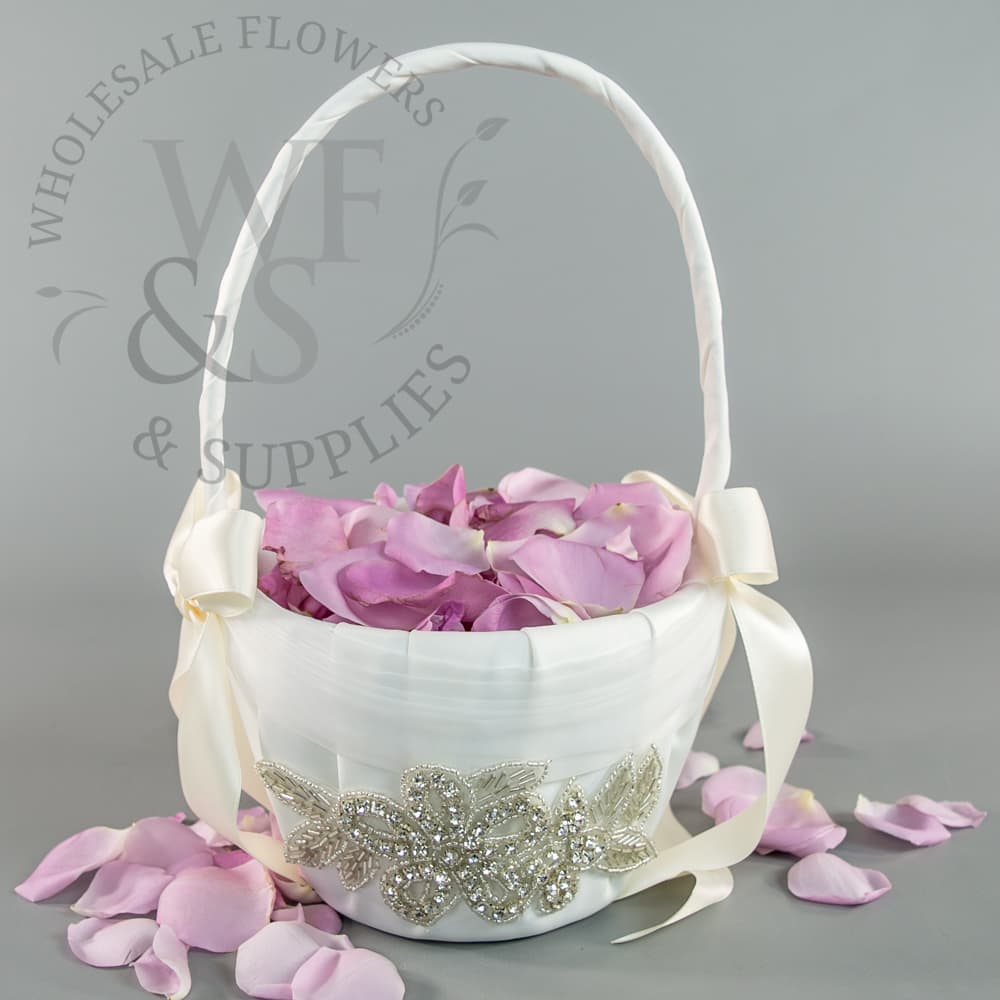  Jeweled Motif Wedding Flower Satin Girl Basket with Organza in Ivory