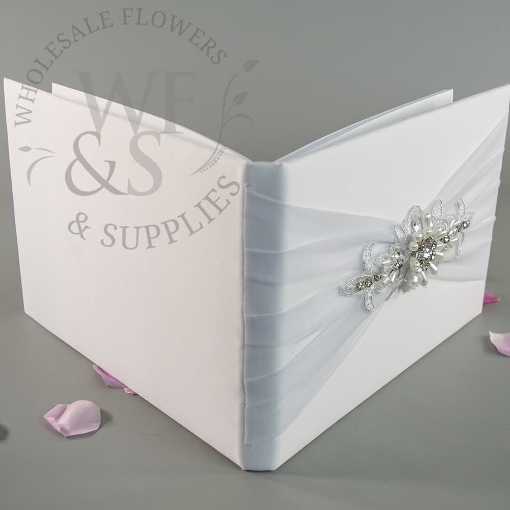 White Satin Wedding Guest Book Decorated with Organza Fabric and Jeweled Motif 