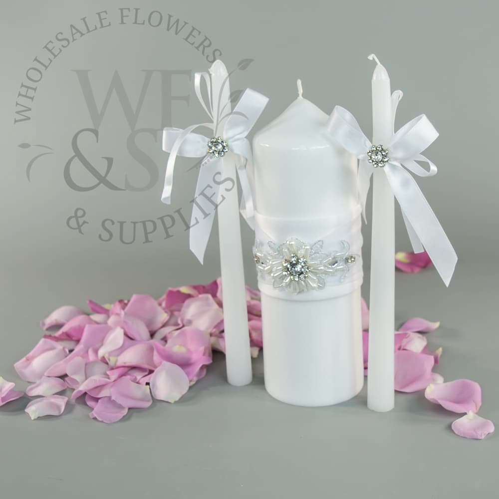 Personalized White Wedding Unity Candle Set Rhinestone Pearl Brooches 