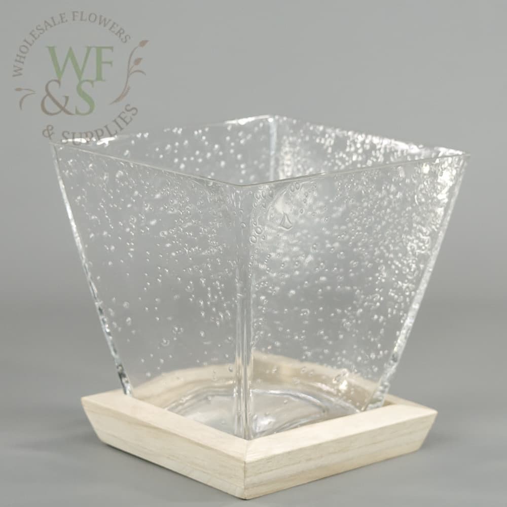 Bubbled Glass Square Tapered Flower Pot  in Wooden Tray