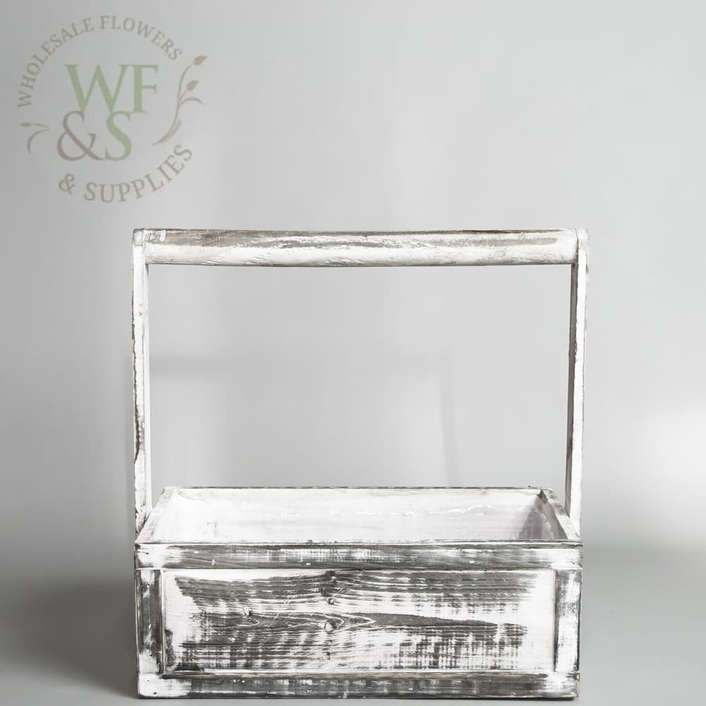 White washed rectangular wood planter garden toold box