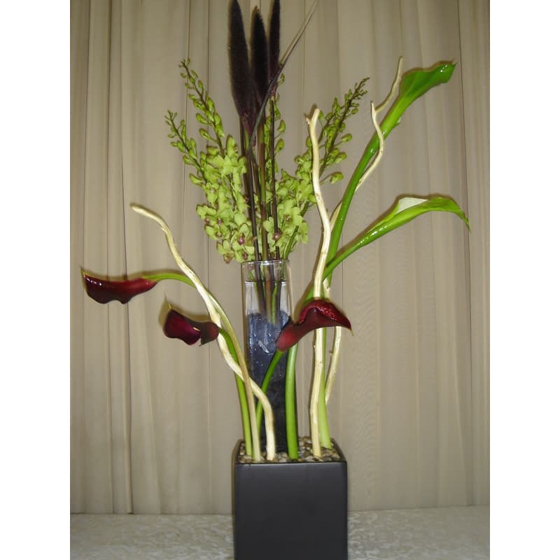 Black Ceramic Square w/ Green Orchids & Lilies