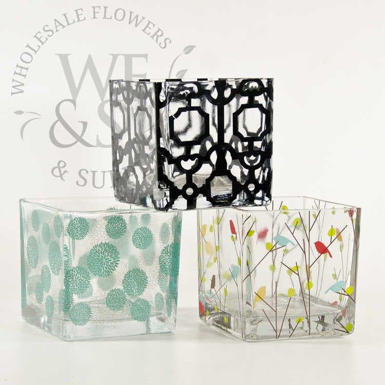 Decorative Print 4¾" x 4¾" Square Vase Birds and Trees