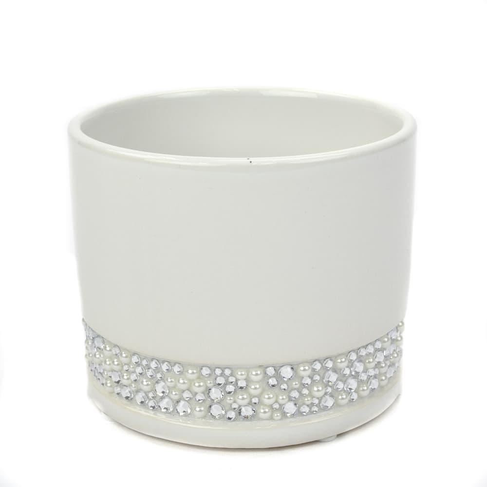 Rhinestone and Pearl Cylinder Planter - White DISC